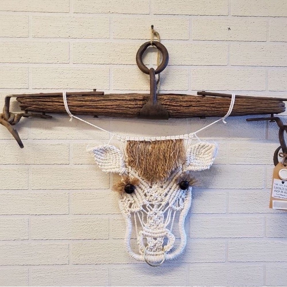 Cow Macrame Wall Hanging with Antique Yoke | Handmade New